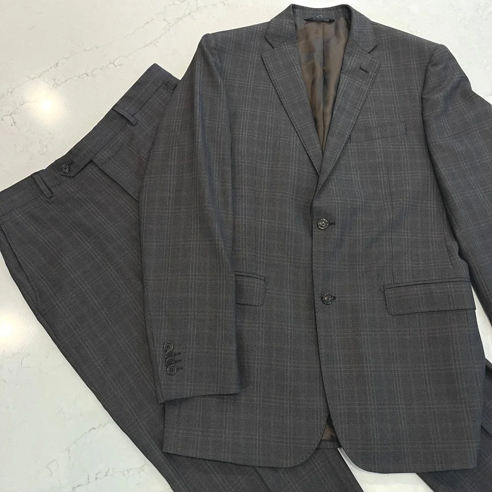 Saks Fifth Avenue BLACK Ermenegildo Zegna Suit Mens 40 Brown Plaid Wool Slim Fit